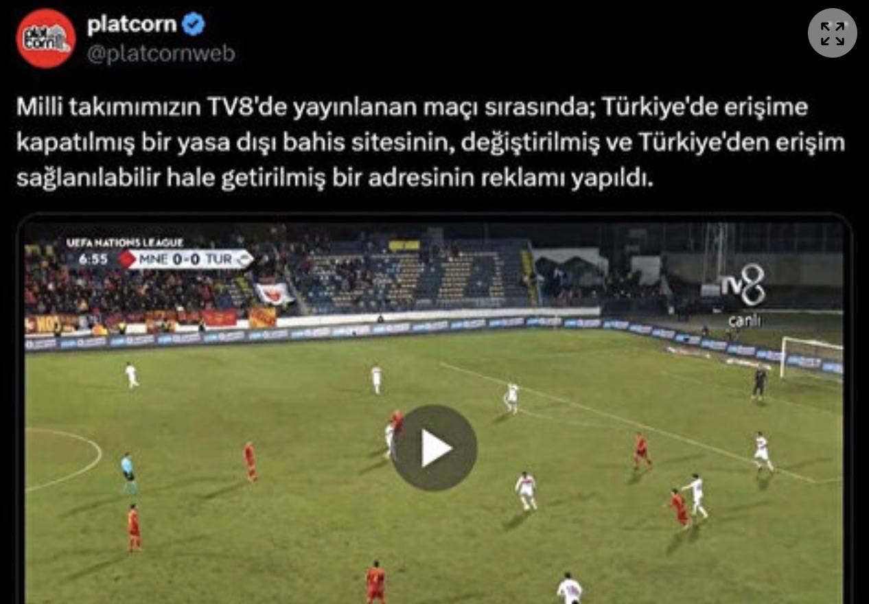 Acun Ilıcalı'nın Kanalı TV 8'de yayınlanan Türkiye Karadağ maçında yasa dışı bahis reklamlarının buzlanmadığı belirtiliyor. 